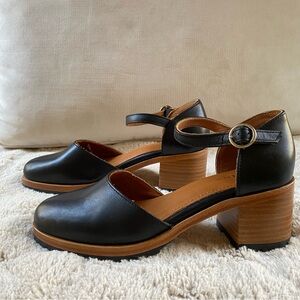 Patina by Portland Leather Black Leather Block Heel Lug Sole Mary Jane 7.5 NWOB